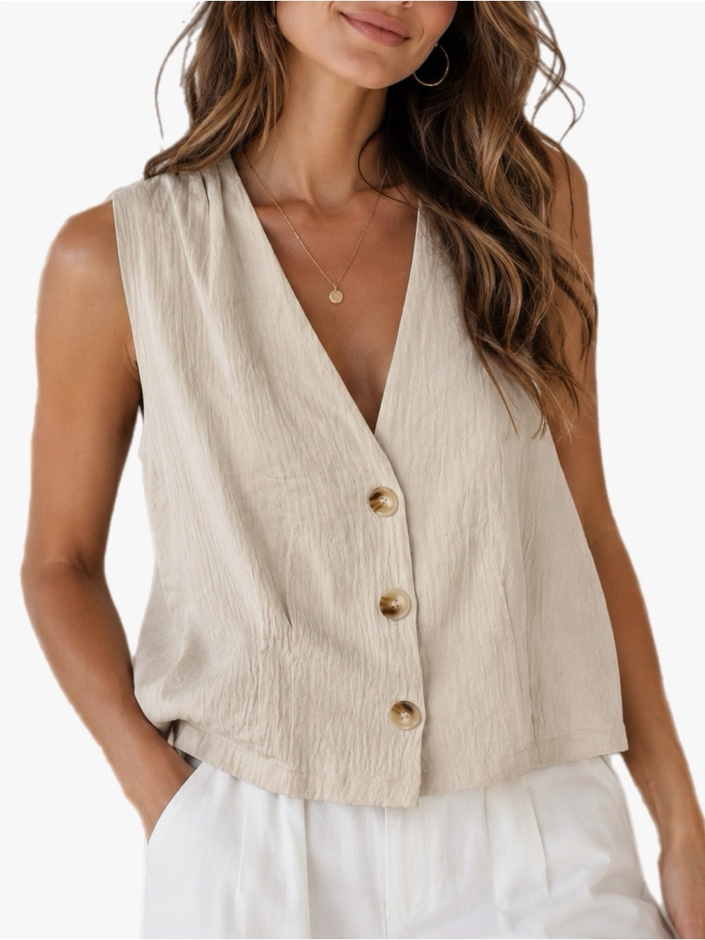 NWT BMJL Button Front V Neck Sleeveless Boho Vest Top Women’s Size XL in Beige